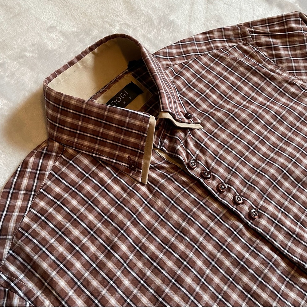 COOGI Luxe Mens Shirt Sz L Plaid Flip Cuff Button Up Long Sleeve 100% Cotton